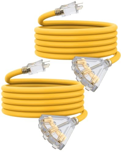 15Ft 12 Gauge Outdoor Extension Cord with 3-Outlets, 2 Pack, Heavy Duty 3 Prong Extension Cord Waterproof with Lighted end, 15A SJTW, ETL Listed, Yellow - color: Yellow, size: 15FT 2PACK