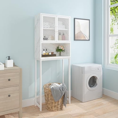 Launica Over The Toilet Storage Cabinet, Bathroom Organizer Over Toilet, Wood Metal Industrial Bathrooms Space Saver Shelf, Freestanding Bathroom Cabinet Above Toilet with Rack, White Marble - color: White Marble