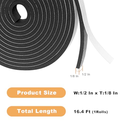 Foam Insulation Tape self Adhesive,1/2In x 1/8In x16.4Ft Weather Stripping for Doors and Windows,Sound Proof soundproofing Door Seal,Weatherstrip,Pipe Cooling, Air Conditioning Seal Strip - size: 1/2In x 1/8In x16.5Ft