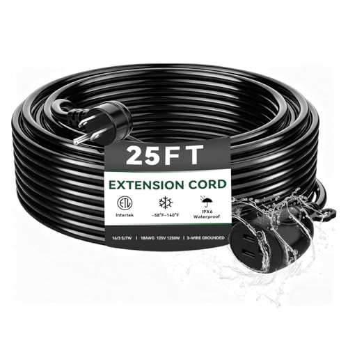 Blackcow Outdoor Power Extension Cord,25 Ft,IPX6 Waterproof, Cold Weather & Fireproof, Heavy Duty 3 Prong Cable,18AWG 125V 10A,FCC/ETL Certified for Outdoor/Indoor Use - size: 25FT