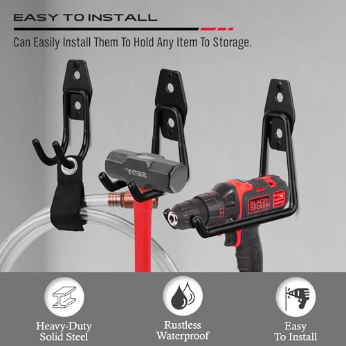 Garage Tool Storage Wall Hook Assortment Set: 15PCS Heavy Duty Large Hanger Garden Tool Organizer Ladder Bike Rack Yard Tool Holder Shed Shovel Metal Screw Organization Bicycle Steel Bracket - style: 15-Pack Hooks + 3 Straps（black）
