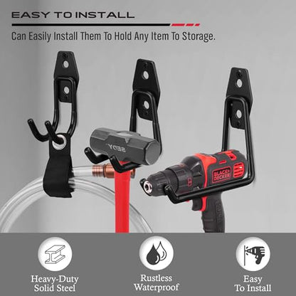 Garage Tool Storage Wall Hook Assortment Set: 15PCS Heavy Duty Large Hanger Garden Tool Organizer Ladder Bike Rack Yard Tool Holder Shed Shovel Metal Screw Organization Bicycle Steel Bracket - style: 15-Pack Hooks + 3 Straps（black）