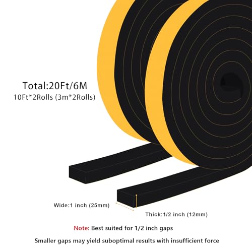High Density Foam Weather Stripping Door Seal Strip Insulation Tape Roll for Insulating Door Frame, Window, Air Conditioner Self Adhesive Sealing Weatherstrip Dustproof (1 in x 1/2 in x 20 Ft) - size: 1 in X 1/2 in X 20ft
