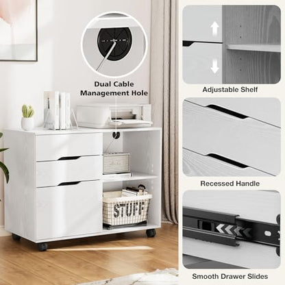 DUMOS Lateral File Cabinet with 3 Drawers Rolling Filing Cabinets Under Desk Storage Printer Stand Wood Organizer with Wheels Adjustable Shelf for Office Home Small Space, White - color: Classic White