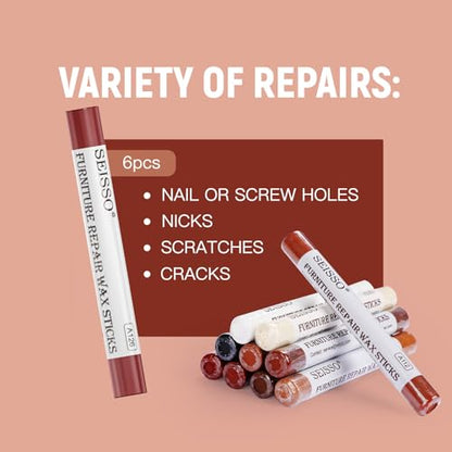 SEISSO Furniture Repair Crayon, 6 Pcs - Wood Filler Sticks, Scratch Repair Wax, Furniture Marking Repair - Scratch, Hole, Table, Wood Floor, Guitar, Covering, Instrument Fill Sticks -Red Cherry - color: Red Cherry 6pcs