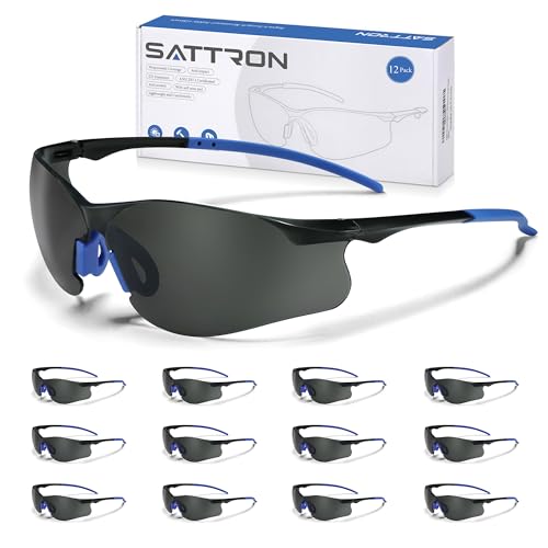 Safety Glasses Tinted 12 Pack, Protective Eyewear for Men Women UV Protection ANSI Z87.1, Safety Sunglasses Bulk Scratch Impact Resistant Eye Protection with Nose Pads for Construction Work Smoke - color: Smoke Lens/Blue Temples, style: 12 Pack