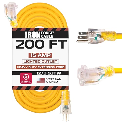 Iron Forge Cable 200 Foot Lighted Outdoor Extension Cord - 12/3 SJTW Heavy Duty Yellow Extension Cable with 3 Prong 15 AMP Grounded Plug for Safety - size: 200FT