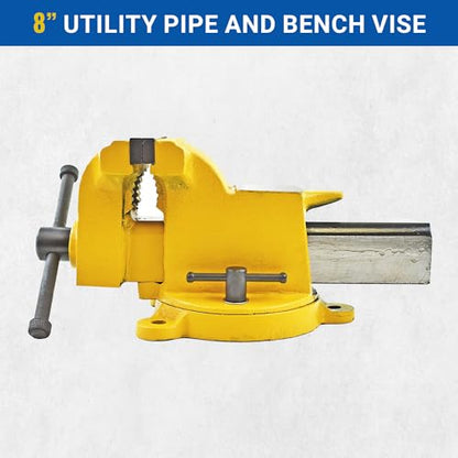 Yost Vises 908-HV All Steel Combination Vise | 8 Inch Jaw Width Pipe and Bench Vise |Secure Grip with Swivel Base | Made of Structural Cast Steel | High Visibility Safety Yellow - size: 8", style: High-Visibility Heavy Duty