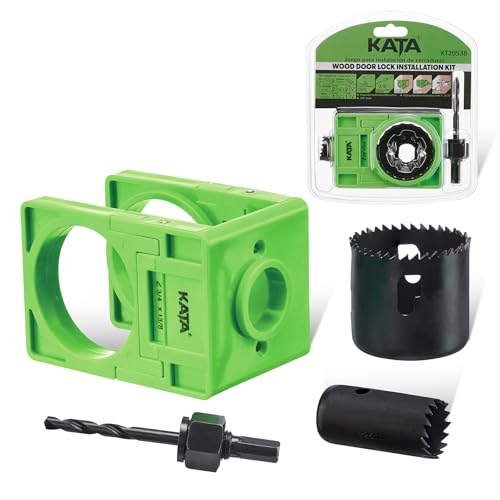 KATA 1-3/8" - 1-3/4" Door Lock Installation Kit with Large Chip-Clearance Slots, Door Lock Hole Saw for Deadbolts and Locksets for Wooden Doors with Guide Template, Carbon Steel, Green - color: Green