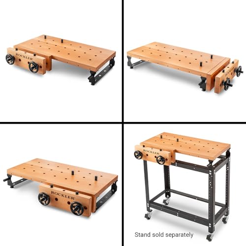 Rockler Handy Bench Portable Woodworking Workbench with Moxon Vise - 16x32 Solid Beech Benchtop, 4x4 Dog Hole Grid - Adjustable Steel Base Brackets, Compact Work Table for Garage or Shop