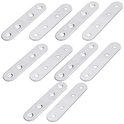 MroMax 10Pcs 201 Stainless Steel Straight Brackets 3.15" x 0.67" Flat Straight Braces Brushed Metal Fixed Connecting Plate for Repairing Furniture, Bookcase, Table, Chair Legs 4 Holes with Screws - size: 3.15"x 0.67"x 0.08"(LxWxT)
