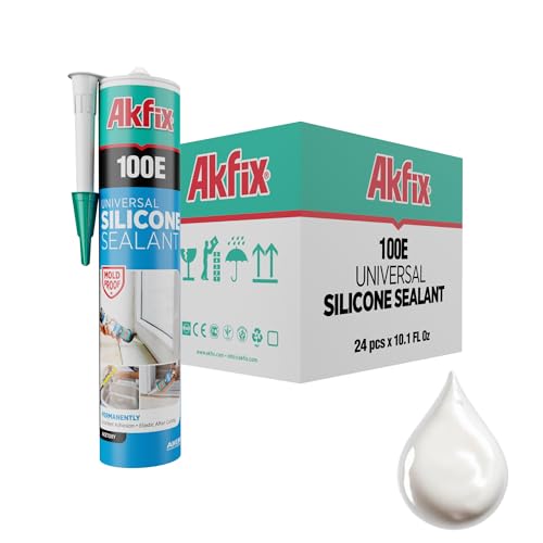 Akfix 100E RTV White Silicone Caulk (24x10.1 fl.oz.) - 100% Waterproof Silicone Sealant for Kitchen and Bathroom, Shower, Toilet, Sink, Window and Door, No Yellowing | White, 24 Pack - color: White, size: 24 Pack