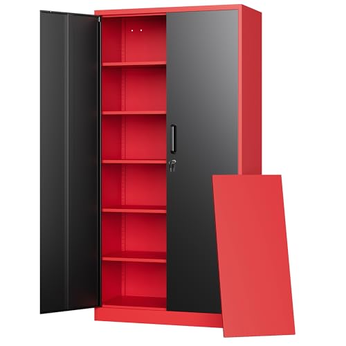 Letaya Metal Garage Storage Cabinets with Lock, 72" Tall Locker Organizer Steel Tool Cabinets,5 Adjustable Shelves 2 Doors for Home Office, Warehouse,Garage,Industrial,Employee (Black Red) - color: Black Red, size: 72 X 36 X 18 In(h X W X D)
