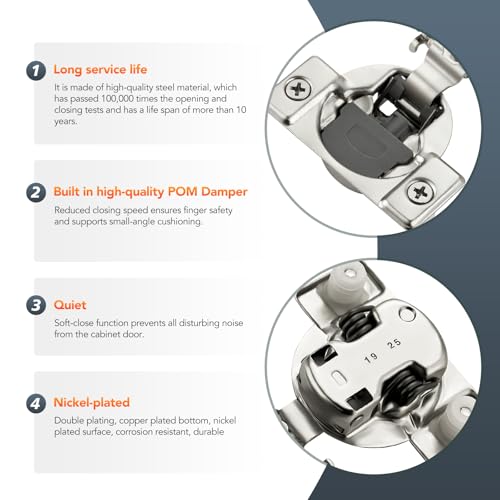 10 Pack (5 Pairs) 1/2" Overlay Soft Close Cabinet Hinges, Satin Nickel Stainless Steel Concealed Hinges with 3D Self-Closing for Face Frame Doors & Kitchens - size: 1/2 inch overlay