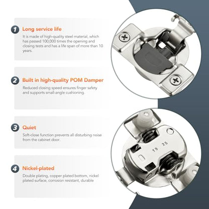 10 Pack (5 Pairs) 1/2" Overlay Soft Close Cabinet Hinges, Satin Nickel Stainless Steel Concealed Hinges with 3D Self-Closing for Face Frame Doors & Kitchens - size: 1/2 inch overlay