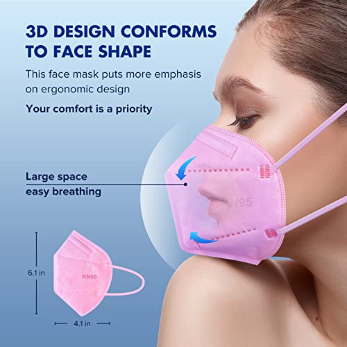 KN95 Face Mask 20pcs 5-Ply Cup Dust Face Mask Filtration Efficiency ≥95% with Elastic Ear Loop and Nose Bridge Clip Individually Packaged(Pink)