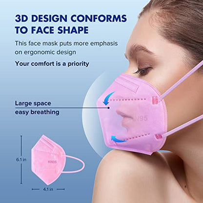 KN95 Face Mask 20pcs 5-Ply Cup Dust Face Mask Filtration Efficiency ≥95% with Elastic Ear Loop and Nose Bridge Clip Individually Packaged(Pink)
