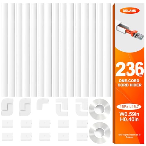 Delamu 236in Cord Hider, Single-Wire Cord Covers for Wires on Wall, Paintable Snap-on Design Wire Cover, Cable Management Kit for Corner-Mounted TVs, Easy Install Cable Raceways, W0.59 H0.4in, White - color: White, size: 236in L X 0.59in W X 0.40in H