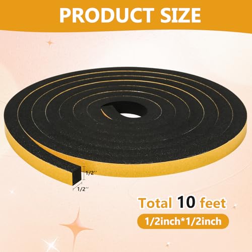 Weather Stripping Seal for Door Window, High Density Foam Tape, Soundproofing, Insulation Strip, Door Sealers for Door Frame (Black, 1/2 Inch X 1/2 Inch X 10Feet) - size: 1/2 Inch X 1/2 Inch X 10Feet