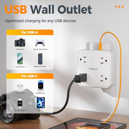 TESSAN Multi Plug Outlet Extender, Surge Protector Splitter with 3 USB (1 USB C Port) Wall Charger, Multiple Expander for Travel, Home, College Dorm Room, White - style: 1 USB C (White)