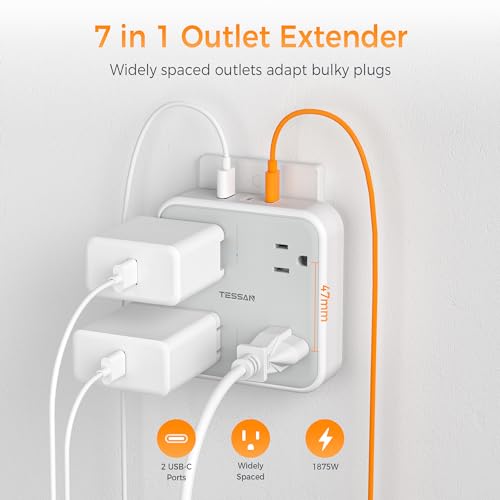 Multi Plug Outlet Extender, TESSAN 4 Outlet Splitter 3 USB Wall Charging Ports (2 USB C), Wide Spaced Multiple Expander Surge Protector for Office, Home, College Dorm Room - style: 2 USB C