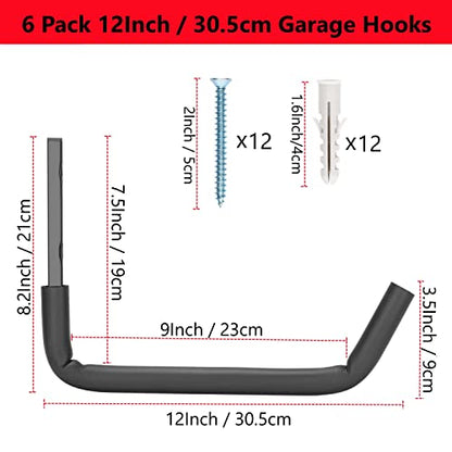 Garage Storage Ladder Hooks with 12" Jumbo Arm, 8 Pack Heavy Duty Wall Mounted Storage Hanger Utility Organizer for Bicycle, Folding Chairs, Bike and Garden Tools