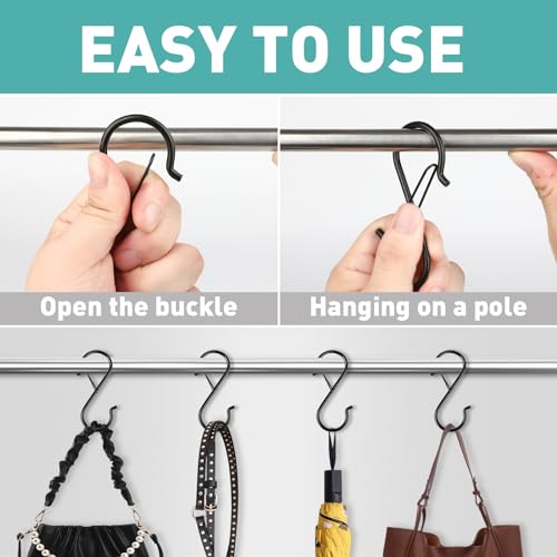 12 Pcs S Hooks for Hanging Heavy Duty, 3.5-inch Heavy Duty Metal S Hook with Safety Buckle, Suitable for 0.5 inch Rods, S Hook for Hanging Plants, Closet, Kitchen Utensil, Pot, Pan, Bags - size: 12PCS