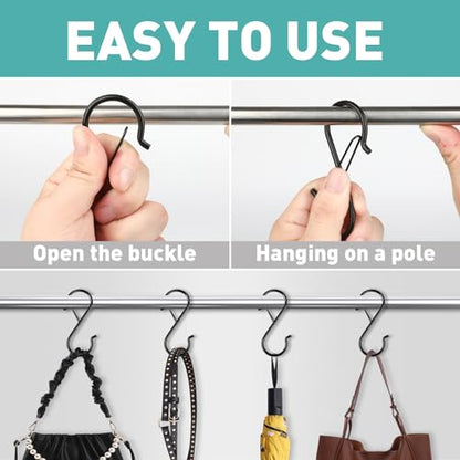 12 Pcs S Hooks for Hanging Heavy Duty, 3.5-inch Heavy Duty Metal S Hook with Safety Buckle, Suitable for 0.5 inch Rods, S Hook for Hanging Plants, Closet, Kitchen Utensil, Pot, Pan, Bags - size: 12PCS