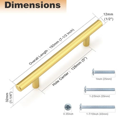 Probrico 5 Pack 5 Inch Center-to-Center Kitchen Cabinet Pulls T Bar Gold Cabinet Handles Modern Drawer Hardware Dresser Pulls, 7-1/2 inch Total Length - color: Gold, size: hole center 5"
