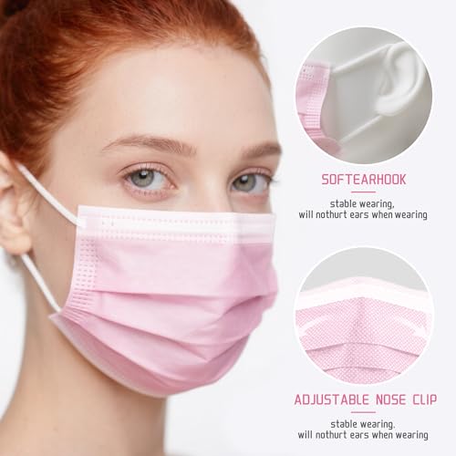 NNPCBT Pink Disposable Face Masks 100 Pack,3-Ply Breathable Mask For Adults,Great For Outdoors,Home, Office, School - color: Adult-100 Pack-pink