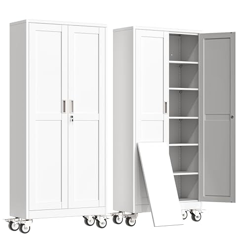 erosoei 75" H Metal Garage Storage Cabinet, Rolling Tool Cabinet with 2 Doors and Wheels, Locker Steel Cabinet with 5 Adjustable Shelves, Organization Cabinet for Garage,Office,Home,Gym,School（White） - color: White, size: 75"With wheels and locks