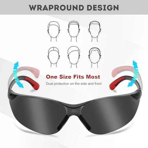 ProtectX Safety Glasses for Men & Women, Safety Sunglasses with Anti-Fog Scratch Resistant Lenses, Non-Slip Grips, ANSI Z87.1 - color: Olympus Red Tip Smoke 3 Pk