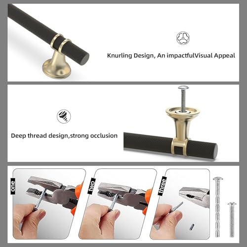10 Pack 3-3/4 Inch Cabinet Pulls knurled Matte Black and Brushed Gold Kitchen Cabinet Handles Aluminum and Zinc Alloy Drawer Pulls Solid Cabinet Hardware - color: Black and Brushed Gold Knurled, size: 3-3/4'' Hole Center(96mm)