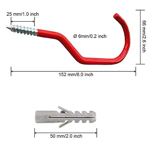 Bike Hooks Heavy Duty Bicycle Storage Hooks Set of 6,Screw-in Utility Storage Hangers Shed Garage Garden Hook Plastic Coated for Wall Mount/Ceiling Red