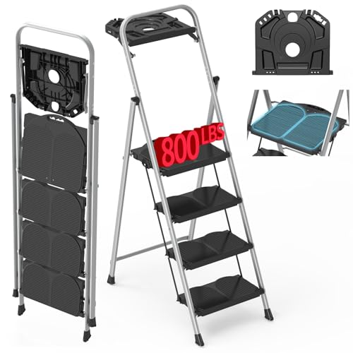 4 Step Foldable Step Ladder with Roomy Tool Tray, Platform Ladders Stepstools, Step Stool 4 Step Folding with Wide Non-Slip Pedals and 800lbs Bearing Capacity for Adults, Home, Kitchen, Black Gray - color: Black Gray, size: 4 Step