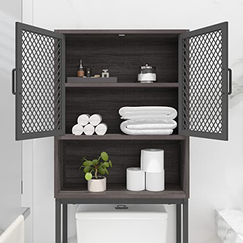 Launica Over The Toilet Storage Cabinet, Industrial Bathroom Organizer Above Toilet, Bathrooms Space Saver Stand with Shelf, Wood and Metal Freestanding Bathrooms Rack Behind The Toilet, Dark Gray Oak - color: Dark Gray Oak