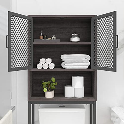 Launica Over The Toilet Storage Cabinet, Industrial Bathroom Organizer Above Toilet, Bathrooms Space Saver Stand with Shelf, Wood and Metal Freestanding Bathrooms Rack Behind The Toilet, Dark Gray Oak - color: Dark Gray Oak