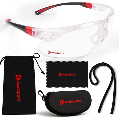 Safety Glasses – ANSI Z87 Certified, 5X Anti-Fog ClearShield™ Lenses with Premium Hard Case & Accessory Bundle - color: Red & Black / Clear