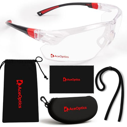 Safety Glasses – ANSI Z87 Certified, 5X Anti-Fog ClearShield™ Lenses with Premium Hard Case & Accessory Bundle - color: Red & Black / Clear