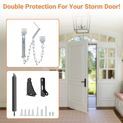Storm Door Closer, Heavy Duty Screen Door Closers with Protector Chains Spring, Storm Door Bracket Kit Compatible with Andersen/Emco/Larson/40201 (Closer and Chain, 1 Pack(Black)) - size: 1 Pack(Black)