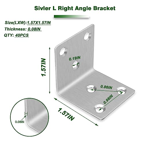 40PCS 1.5'' Metal Angle Brackets,304 Stainless Steel Heavy Duty Angle Bracket with Slot, 90° L Brackets for Wood, Corner Shelf Brackets for Furniture, Book Shelf(Silver,1.5X1.5X0.08IN) - size: 1.57X1.57X0.08IN