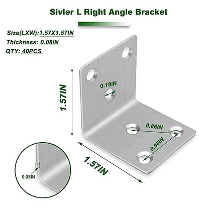 40PCS 1.5'' Metal Angle Brackets,304 Stainless Steel Heavy Duty Angle Bracket with Slot, 90° L Brackets for Wood, Corner Shelf Brackets for Furniture, Book Shelf(Silver,1.5X1.5X0.08IN) - size: 1.57X1.57X0.08IN