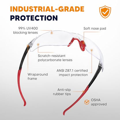 Clear Safety Glasses 3PK, Protective Eyewear UV Protection ANSI Z87.1 Crystal Safety Goggles Scratch Impact Resistant Eye Protection with Nose Pads for Men Women Construction Shooting Lab Work - color: Clear Lens/Red Temples, style: 3 Pack