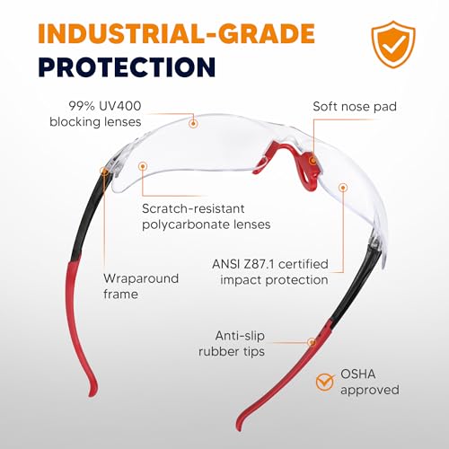 Clear Safety Glasses 24 Pack, Protective Eyewear UV Protection ANSI Z87.1, Safety Goggles Scratch & Impact Resistant, Eye Protection with Nose Pads for Men & Women Construction, Shooting, Lab Work - color: Clear Lens/Red Temples, style: 24 Pack