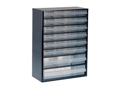 Raaco Steel Storage Cabinet, Standard 18-Drawer, Clear Polypropylene Plastic Drawer – Small Parts Organizer, Screws, Nuts & Bolts, Crafts & Hardware – Tool Cabinet for Workbench & Wall Storage (C9-18)