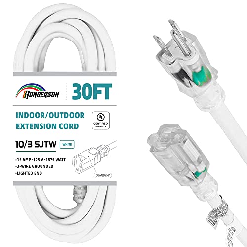 Indoor Outdoor Extension Cord Weatherproof with Lighted End, UL Certified, 10 Gauge 30FT White 3 Prong Heavy Duty, 10/3 SJTW 15A Power Cord for Outdoor Lights, Lawn - size: 30FT, style: 10/3