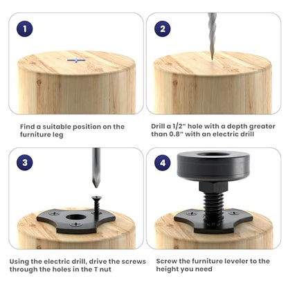Adjustable Furniture Feet Leveling Feet Kit, Heavy Duty Furniture Levelers with Mounting Plates, Felt Pads, Screws and Wrench, 3/8 16 Thread, Supports 1320 Lb, Height Range 3/4 to 1 3/4 Inch