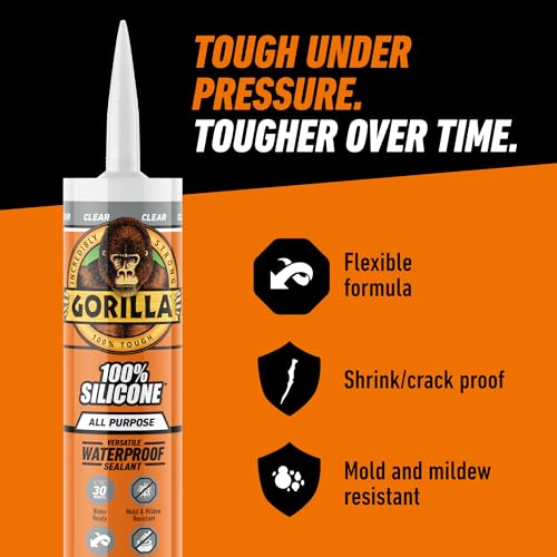 Gorilla 100% Silicone Waterproof Caulk, All‑Purpose Sealant, Mold & Mildew Resistant, Flexible Seal, Clear, 10 oz Cartridge (Pack of 1) - color: Clear, size: 1 Pack