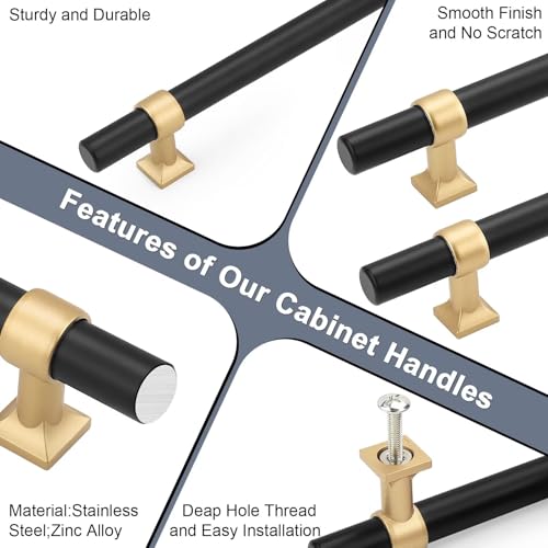 5Pack Hole Centers 5inch(128mm) Black Cabinet Handles with Gold Champagne Base T Shaped Kitchen Cabinet Pulls Hardware Pull Handle for Cabinets Dressers 7.5inch Total Length - color: Black with Champagne Gold Base, size: Hole Centers: 5inch