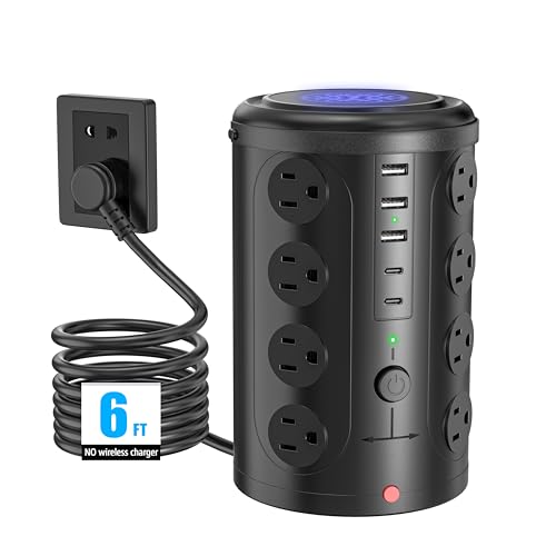 Tower Power Strip Surge Protector with 16 Outlets and 5 USB Ports (2 USB-C), 6FT Extension Cord with Multiple Outlets,Heavy Duty Charging Station,Home Office Dorm Room Essentials. No Wireless Charging - size: 6ft Without Wireless Charging